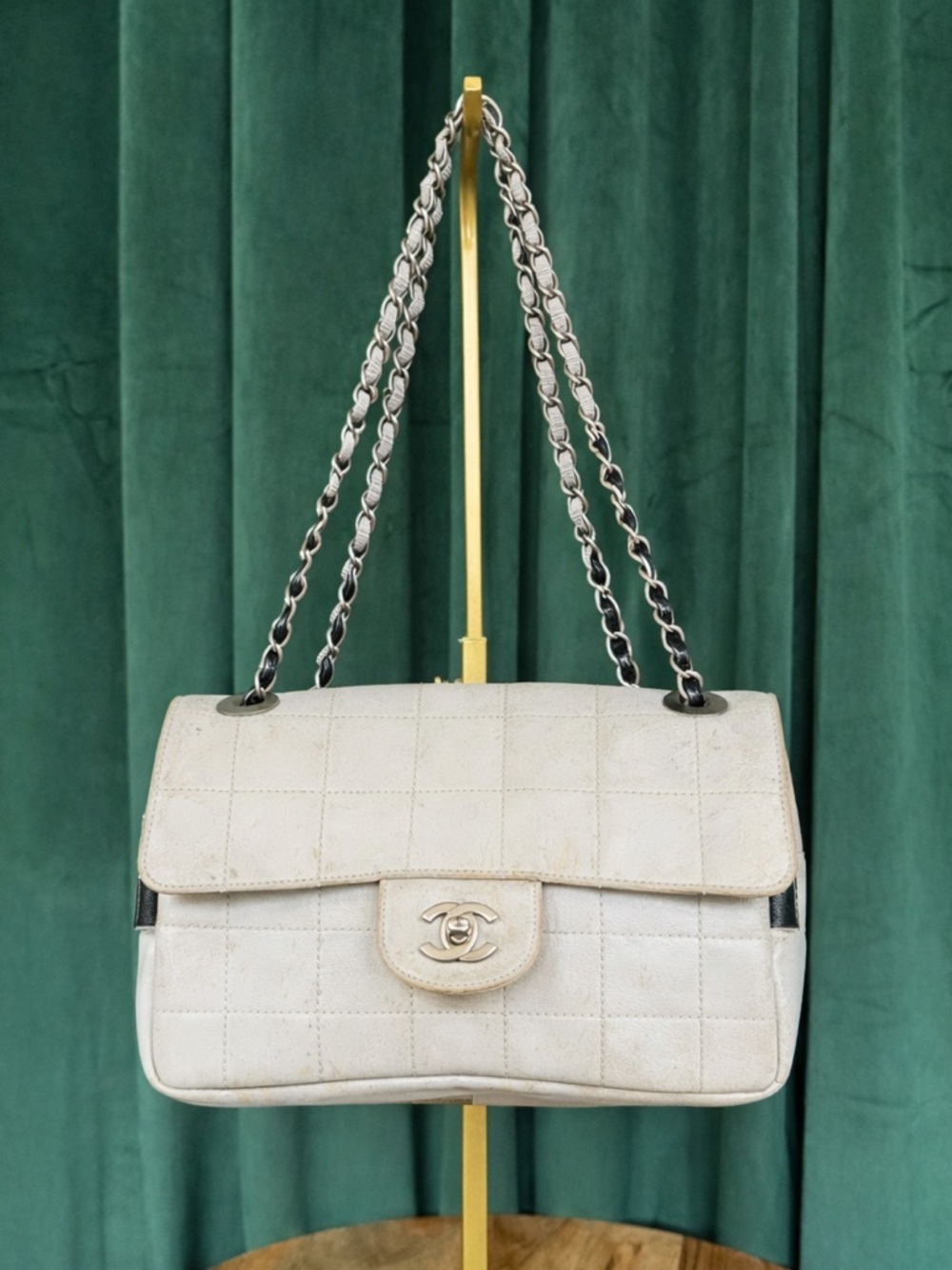 CHANEL Sport Line Chocolate Bar Flap Bag Gray Silver CC Chain Crossbody Medium